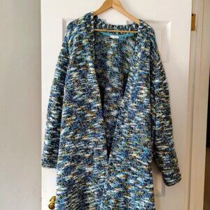 J. Jill Clarendon Open-Front Long Blue Multi-Colored Marble Knit Cardigan XL